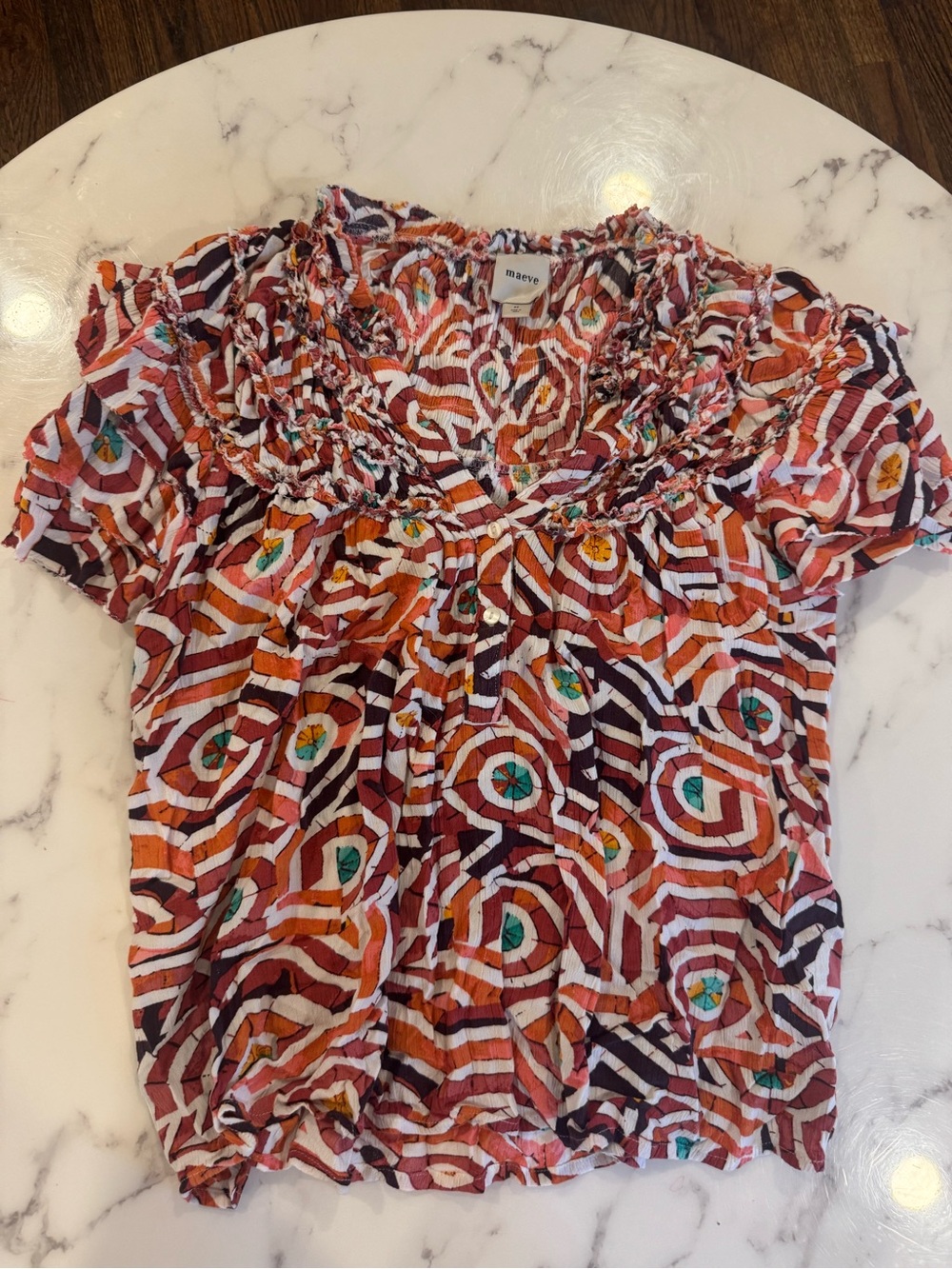 Anthropologie Multicolor Abstract Smocked Neck Short Sleeve Top